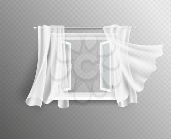 Open window. White frame with glass and curtains. Interior design, isolated windows decorated flying silk transparent fabric. Realistic 3d vector illustration. Window glass, open curtain interior