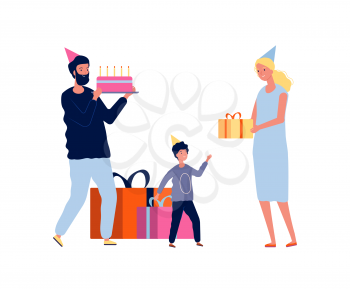 Parents and baby. Mom dad wish son happy birthday. Family holiday, happy people and children with gifts and cake vector characters. Illustration dad and mother, son birthday happy