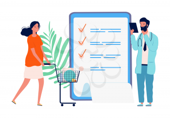 Shopping for pregnant women. Checklist, shopping list for maternity hospital. Motherhood, girl with purchases. Doctor and expectant mother. Pregnant woman with checklist from doctor illustration
