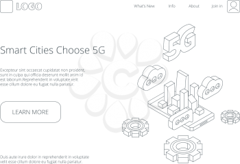 5g wireless. Speed telecommunication online clouds internet in city innovation broadcast technology vector line landing page. Linear 5g online speed, internet connect city illustration