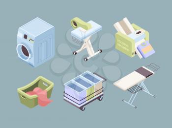 Laundry isometric. Fabric bubbles clean service towels dirty spot laundromat soap vector collection. Laundry and laundromat electrical, dirty fabric and housework equipment illustration