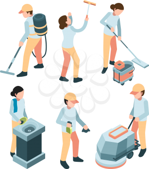 Cleaning service. Industrial clean machines dishes washes room service professional workers vector laundry. Cleaner home service, equipment domestic team, housework professional uniform illustration