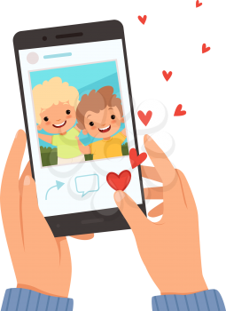 Friends portrait. Hands holding smartphone with photo of happy smile kids on screen like in social website vector cartoon background. Photo portrait kids on phone, photography friendship illustration