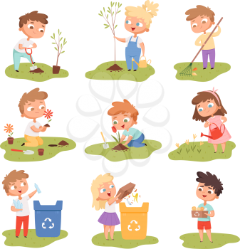 Kids planting. Happy children gardening digging picking plants eco weather protect tree vector set. Gardening illustration of kids with shovel watering and planting