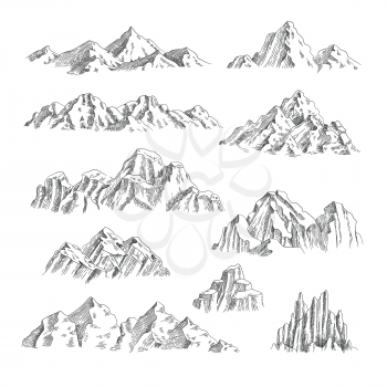 Mountains sketch. Outdoor wild nature rocks and mountains collection vector hand drawn set. Rock landscape sketch, mountain outdoor outline, hill environment illustration