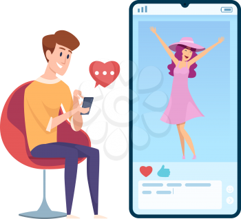 Boy in love. Man like post in social media. Video chat, guy sends message to happy woman vector illustration. Man like post, communication with photo and chatting
