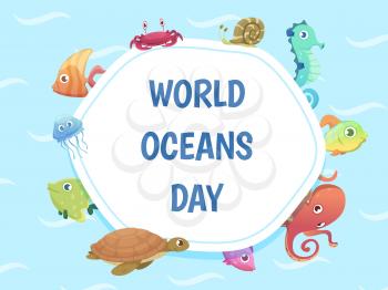 World oceans day poster. Save water background. Sea wild animals vector illustration. Sea environment world save, starfish and snail, tortoise and wildlife
