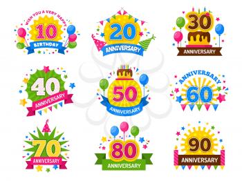 Anniversary numbers. Celebration party year celebrated number flyer for happiness cheers vector set. Happy celebration cheerful, party, anniversary badge and congratulation event illustration
