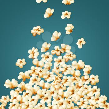 Popcorn falling. Stack of white snacks for movie time souffles corns vector illustration. Popcorn snack, food salty and sweet, eat crispy sweetcorn
