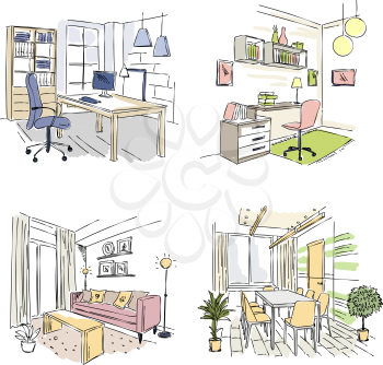 Drawn interiors. Bedroom living room offices in modern building workplace studio vector sketch. Room drawn sketch with couch for meeting illustration