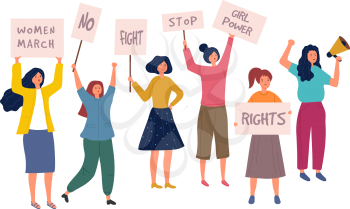 Woman protest. Female crowd with placard politics speaking multiracial feministic persons young girls vector characters. Female protest crowd, group demonstration with banner illustration