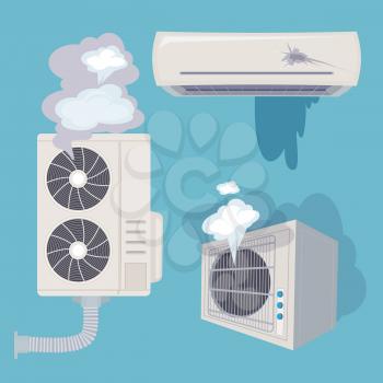 Damaged conditioner. Broken home air systems wind ventilation efficient vector. Illustration conditioner brokenr, air control conditioning defect