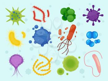 Viruses and microbes. Different bacterias microscope view allergen helminths vector collection in cartoon style. Illustration organism coronavirus, microbiology pathogen, microbe virus pandemic