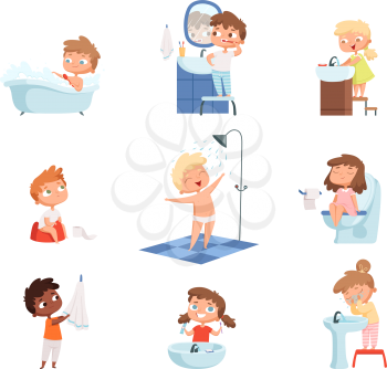Washing kids. Brushing teeth toilet hygiene soap for childrens daily routine vector set. Illustration morning bathing children, hygiene daily