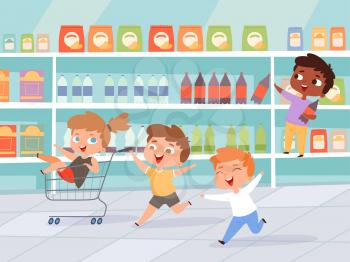 Kids in shopping. Mother with children purchase product active characters vector background. Shopping purchase, kids happy playing in retail illustration