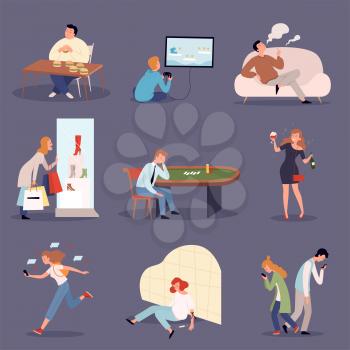 Addicted persons. Problem lifestyle drugged people casino gamers and alcoholics vector illustrations set. Addiction unhealthy and danger, bad habit