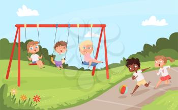 Kids swing rides. Outdoor happy walking and playing childrens nature camp vector cartoon background. Play swinging ride, swing childhood happiness illustration