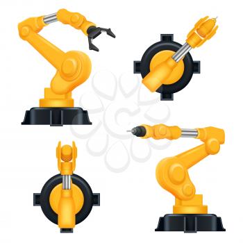 Robotic arms. Industrial machinery factory mechanic hydraulic crane for steel industry automation processes vector realistic robots. Robotic arm engineering, automation industry hydraulic illustration