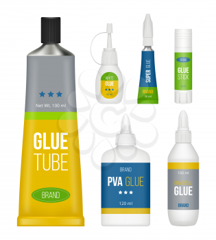 Glue packages. Stationary collection bottles stick tubes for liquid glue vector realistic set. Glue container, fix tube, package pva illustration