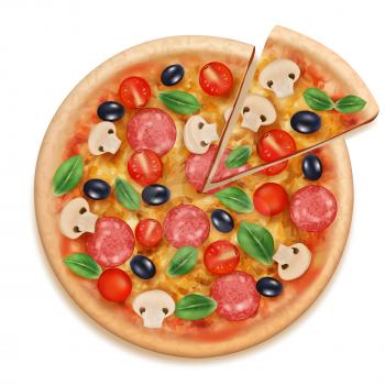 Pizza realistic. Fast food eating tasty products cheese fresh meal and vegetables round pizza with sliced parts vector. Pizza with cheese and tomato, dinner hot fast food illustration