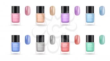 Nail polish collection. Palette for manicure. Isolated cosmetics bottles and colorful nails vector set. Collection nail beauty care, bottle cosmetic for manicure illustration