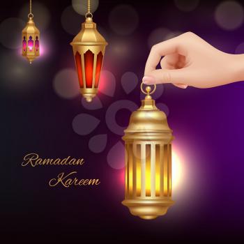 Ramadan Kareem background. Hand holding islamic lamp. Realistic arabic lanterns with beautiful glow effect vector illustration. Islamic greeting festival, ramadan celebration background