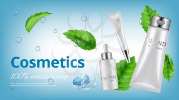 Realistic cosmetics banner. White bottles and tubes with water drops and mint leaves. Moisturizing cream vector illustration. Realistic cosmetic cream for skin