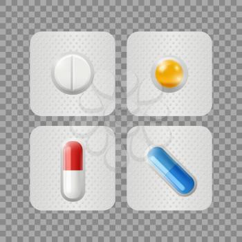 Realistic pills. Medicinal drugs in blisters isolated on transparent background. Vitamins, medical treatment or pharmaceuticals vector illustration. Medical pharmaceutical, pharmacy health
