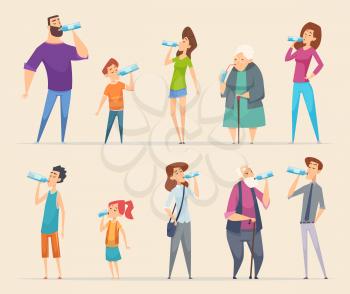 People water drinking. Young persons male female and kids eating healthy natural water refreshing life vector characters. Illustration drink water bottle, liquid hydration