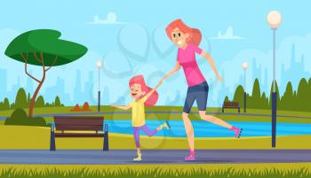 Family couple. Happy parents playing with kids children good time vector cartoon illustrations set. Family mom and daughter healthy and happiness in park