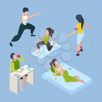 Healthy activities. Daily lifestyle successful peoples relaxing yoga healthy nutrition life habits vector isometric. Illustration healthy daily, lifestyle character activity