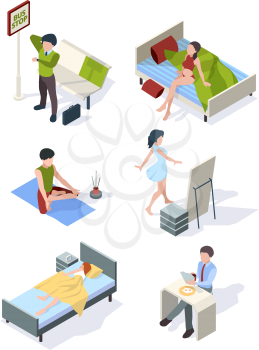 Female daily routine. Housewife making homework everyday processes sleeping eating at kitchen fitness vector isometric set. Routine daily woman and man, young character work and activity illustration