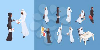 Arab isometric. Dubai man saudi woman business people arabian entrepreneur characters vector illustrations. Business muslim people, woman in hijab leader