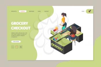 Grocery store checkout. Buyers in retail grocery shop paying cashier scanning purchase products big sales service supermarket vector isometric set. Supermarket checkout, store service illustration