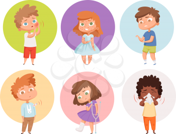 Sick kids. Health problems children flu unhealthy people sickness vomiting vector characters. Unhealthy character with flu, child with get virus and cough illustration