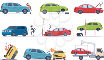 Accident on road. Car damaged vehicle insurance transportation theif repair service traffic vector pictures collection. Illustration of crash vehicle, damage auto