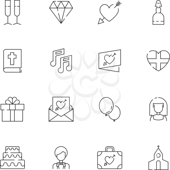 Wedding icons. Heart cupcakes bride items for celebration wedding day gifts with ribbon bow vector linear symbols. Wedding gift, heart and cupcake sweet illustration
