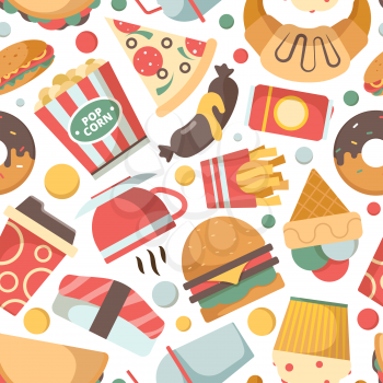 Fast food pattern. Restaurant menu pictures pizza hamburger ice cream sandwich cold drinks snack vector seamless background. Seamless fast food pattern, burger sandwich and pizza illustration