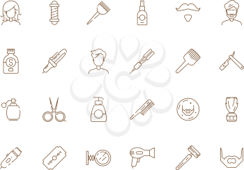 Barbershop icon. Man shaving and grooming tools beauty haircut salon hair trim vector thin line symbols. Haircut and grooming, razor and other accessories illustration