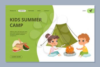 Kids summer camping vector web landing page. Summer camp outdoor for children illustration