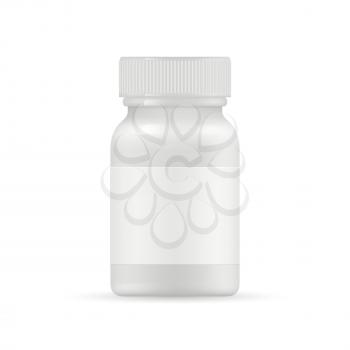 Realistic medication bottle mockup vector. White pills or drugs packing bottle isolated on white background. Illustration of pharmaceutical container for pill vitamin