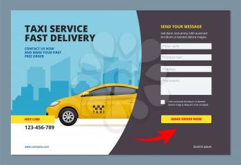 Taxi landing. Booking car promotion city service with web form for making order online vector web page layout template. Illustration of online service taxi, transport page