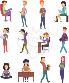 Reading characters. People knowledge student with books learn in library study school vector illustrations. Student character with books, people reading literature