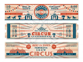 Circus tickets. Horizontal banners invitation for circus show carnival retro web vector banners. Illustration of ticket to circus, entertainment amusement invitation