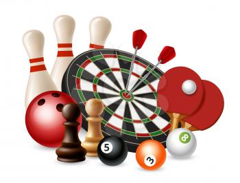 Gambling sport games. Vector bowling, darts, chess, ping pong isolated on white background. Bowling and chess, darts and snooker, ping pong sport illustration