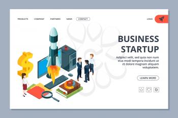 Business startup landing page. Vector isometric young business team and rocket. Successful startup web page. Illustration startup launch, business landing page