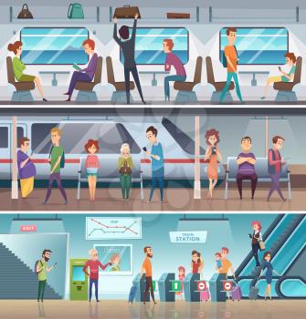 Subway entrance. Urban metro exit electronic steps platform station city fast transport vector cartoon background. Train passenger, railway underground platform, public transport subway illustration