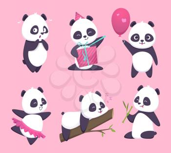 Panda. Bear cute funny animal character in forest vector cartoon collection. Illustration of panda animal, happy emotion smiling