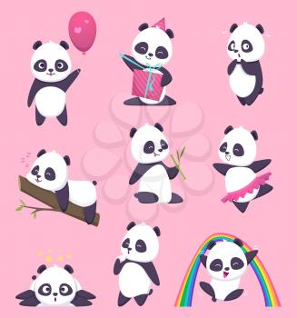 Panda kids. Little funny bear sweet animals in action poses vector cartoon characters. Animal panda happy, emotion and pose, eat and act illustration