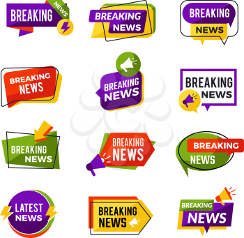 News announce. Daily geometric media informers for website advertising information for breaking news vector badges collection. Breaking news emblem, broadcasting newscast informing illustration